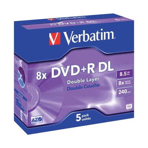 VERBATIM DVD+R 8X 8.5GB 240MIN DOUBLE LAYER CAIXA NORMAL (JEWEL) PACK 5