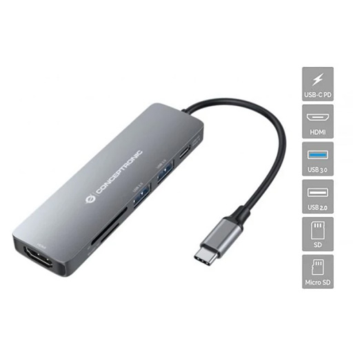 CONCEPTRONIC Hub 6-em-1 2x USB-A 3.0; USB-C PD; HDMI; SD/TF card reader